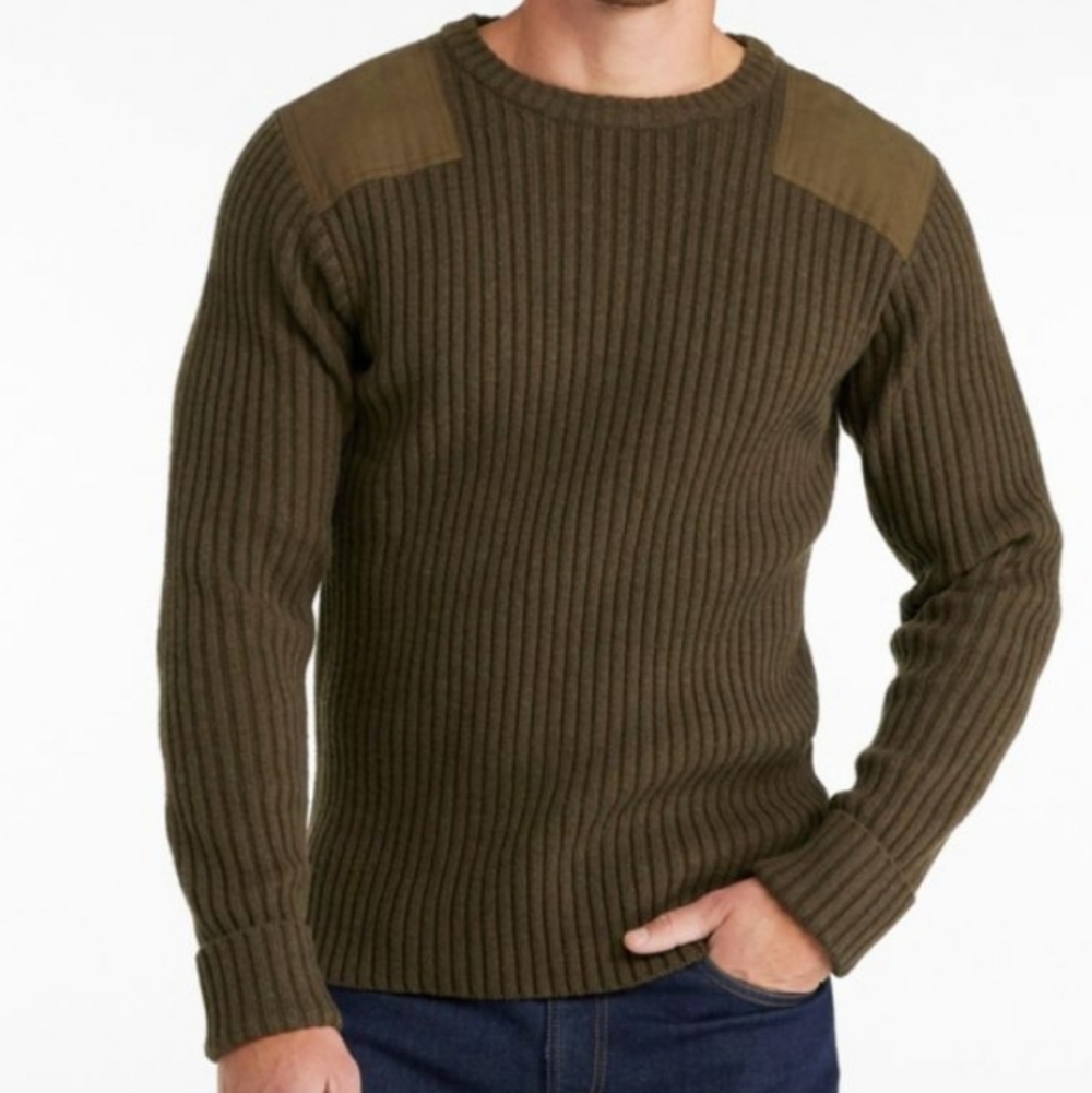 L.L.Bean Commando Ribbed Lambswool Sweater Shoulder Elbow Patches Size Small